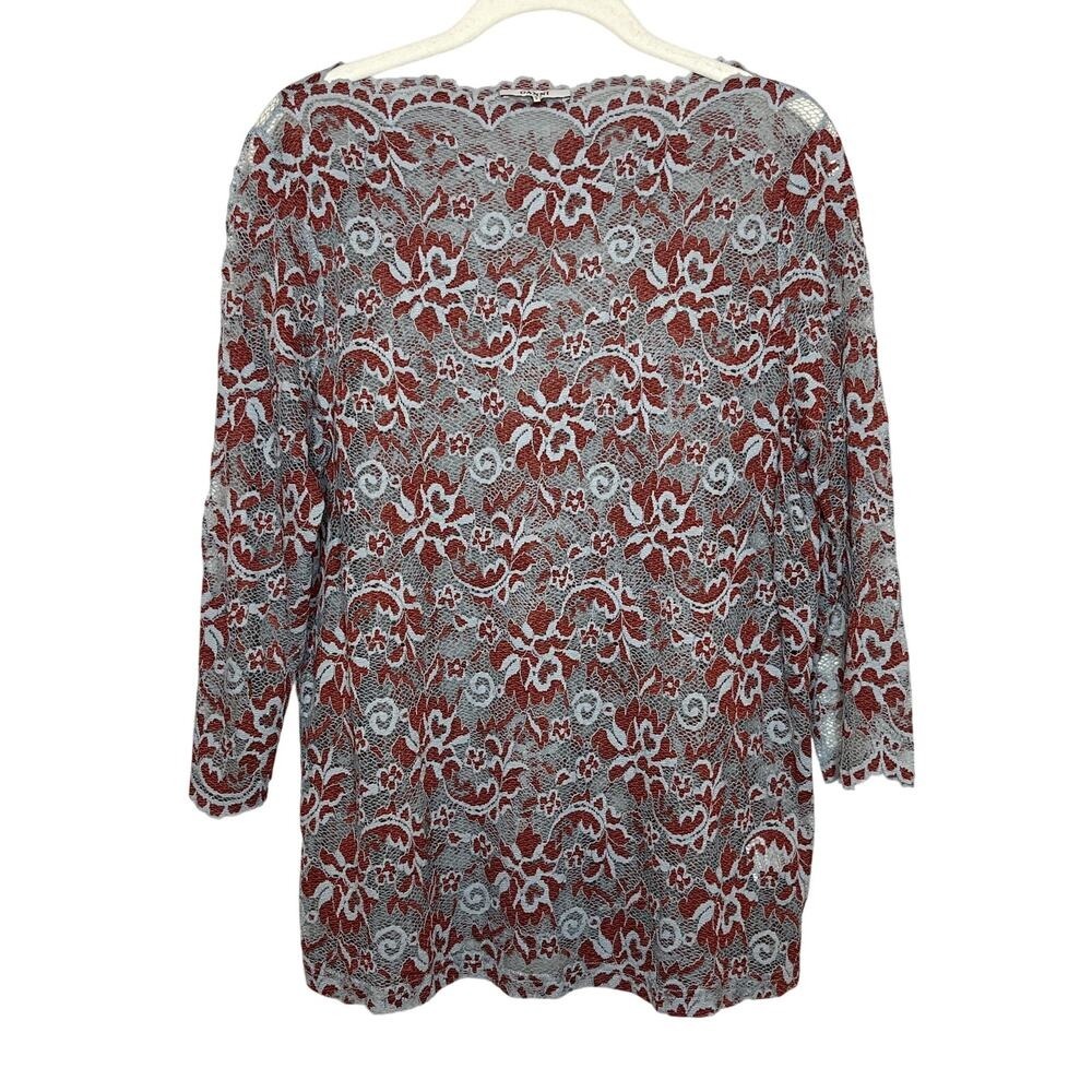 Ganni Sheer Floral Lace Mesh Top Red Gray Scandi Cool Girl Medium - Picture 3 of 11